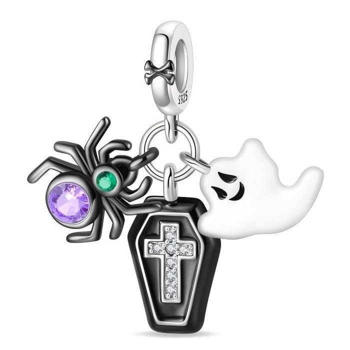 Zawieszka Charms SREBRO 925 Koralik Halloween Trumna Duch Pająk
