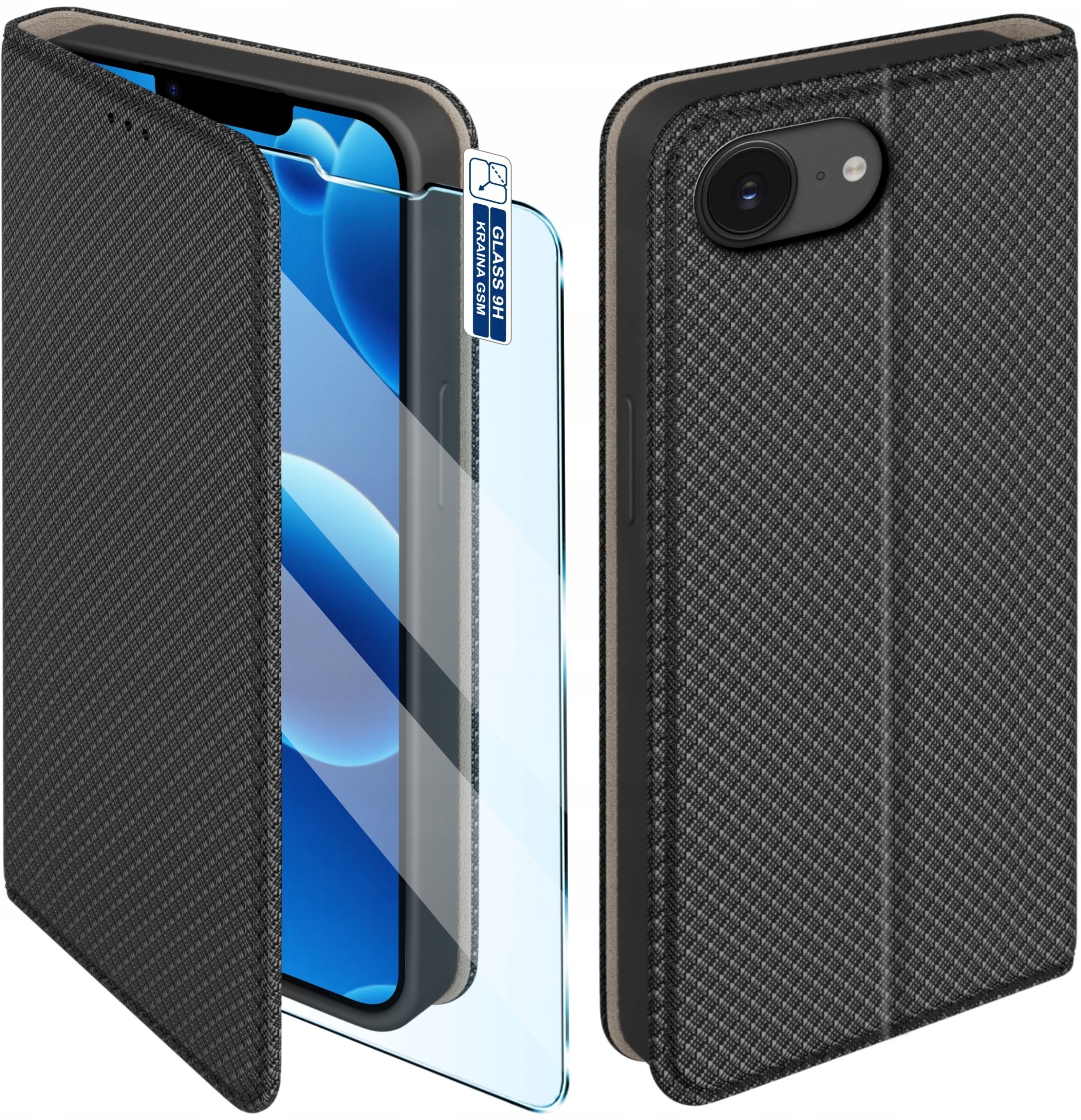 krainaGSM Etui Z Klapką Do Iphone 16E 17E Zamykane Czarne Futerał + Szkło 9H