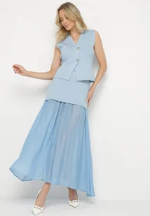 Jasnoniebieski Dzianinowy Komplet z Wiskozą Kamizelka na Guziki i Rozkloszowana Spódnica Felinelle - Komplety damskie - miniaturka - grafika 1