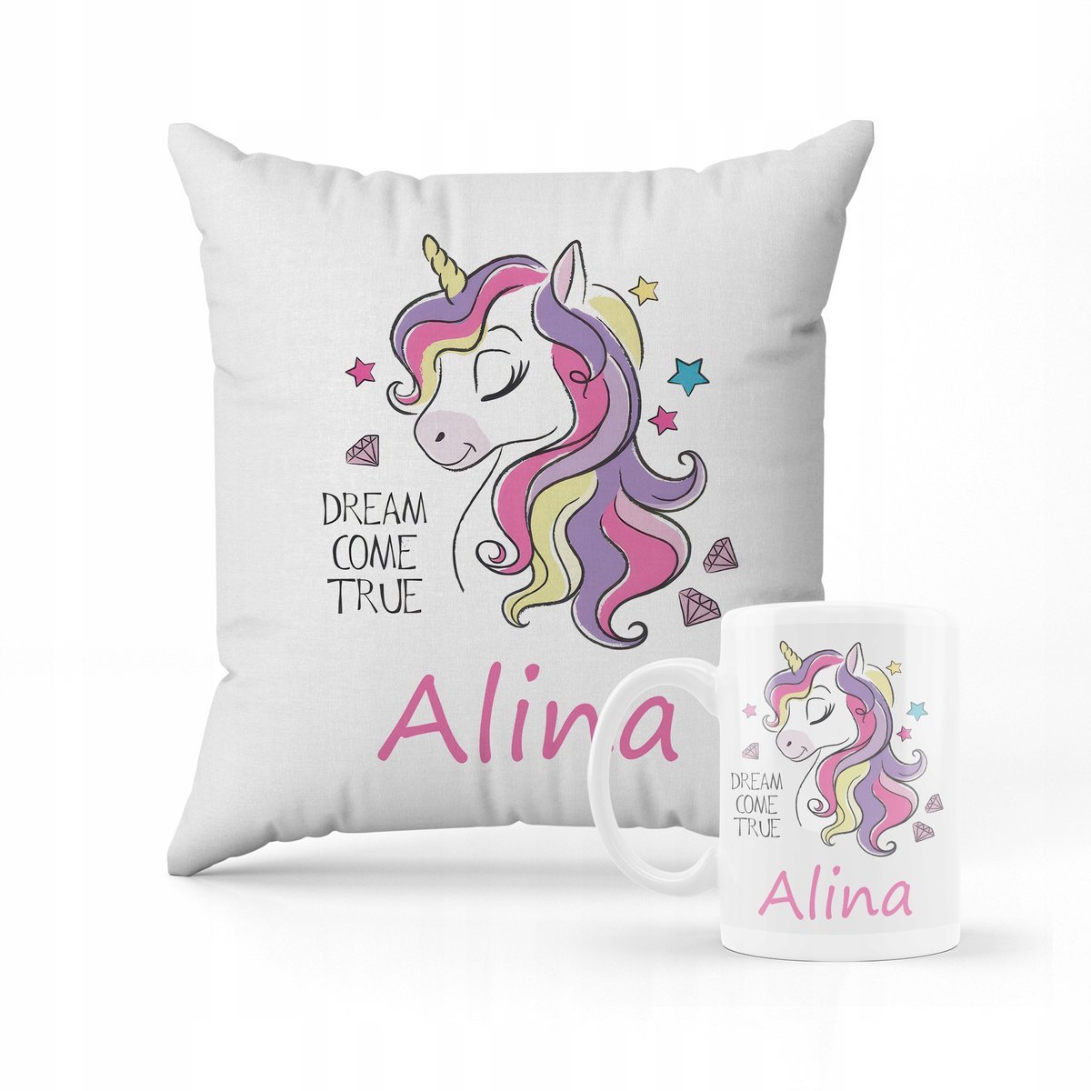 ZESTAW PODUSZKA + KUBEK Prezent Unicorn Jednorożec + IMIĘ