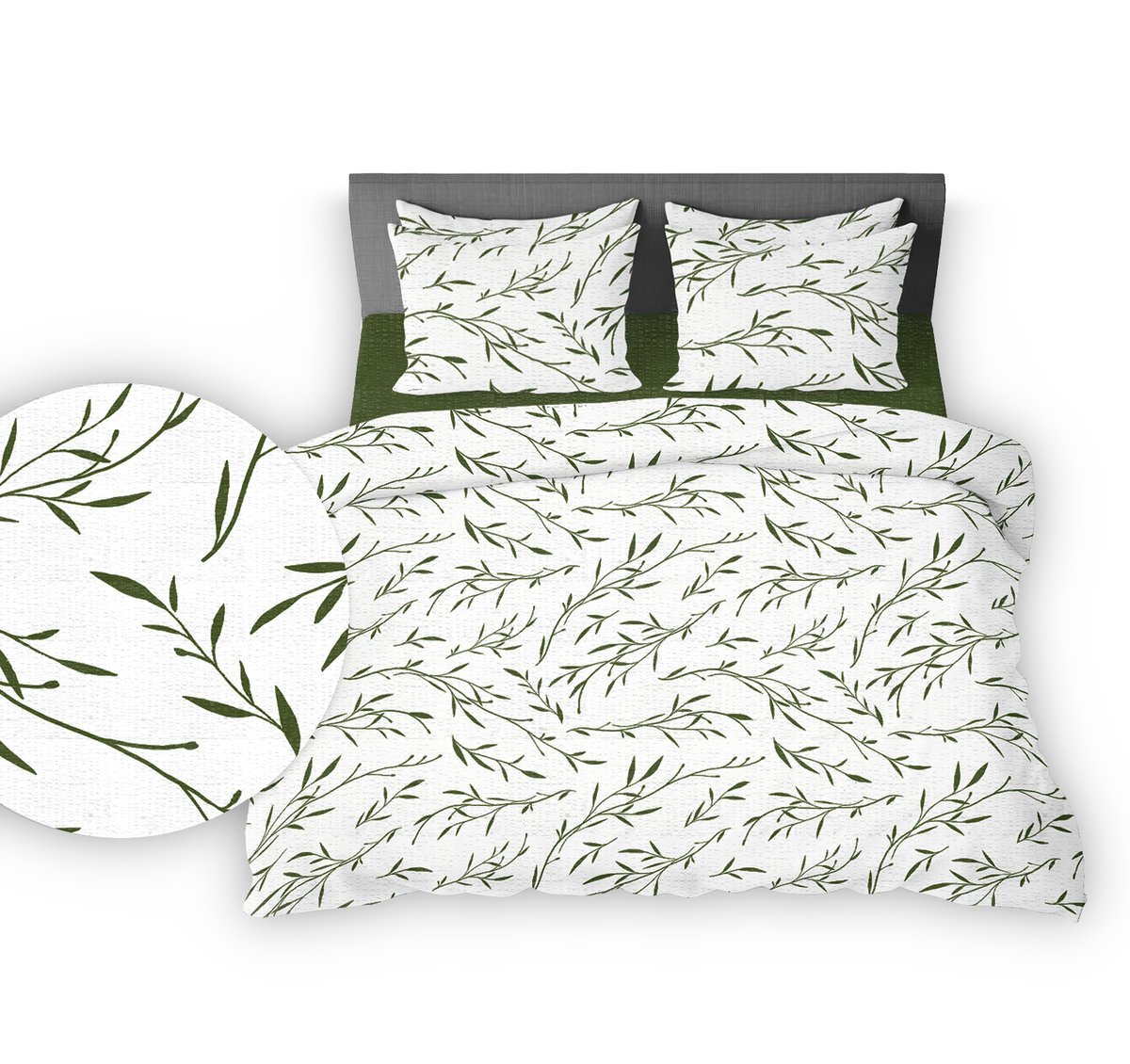 Pościel z kory 160x200 biała zielona herbaciane listki