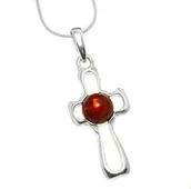 Biżuteria religijna - Srebrny krzyżyk z bursztynem - miniaturka - grafika 1