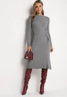 Sukienki - Szara Dopasowana Sukienka z Wiskozą z Prążkowanego Materiału Ściągana Troczkiem Eleavia - miniaturka - grafika 1