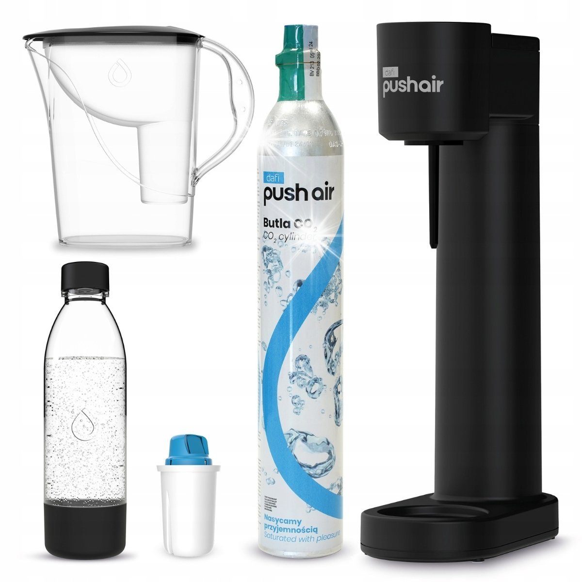 PushAir Saturator Czarny Nabój Butelka 0,7 + Dzbanek z Filtrem Mg+ Cl