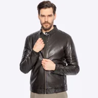 Kurtki męskie - Męska kurtka biker ze skóry z przeszyciami ciemny brąz - miniaturka - grafika 1