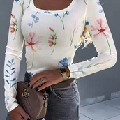 Bluzki damskie - TEMU Damska koszulka z długim rękawem i kwiatowym wzorem - swobodny i wygodny top z prążkowaną powierzchnią i kolorowym wzorem kwiatów, idealny na - miniaturka - grafika 1