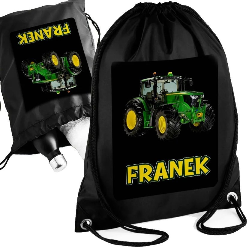 Personalizowany Czarny Worko-Plecak TRAKTOR CIĄGNIK Imię Nadruk Prezent