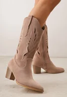 Botki damskie - Ciemnobeżowe Botki Typu Kowbojki VICES na Obcasie z Ażurową Cholewką Eranata - miniaturka - grafika 1