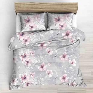 Pościel z kory 160x200 szara duże różowe rysowane kwiaty - Pościel - miniaturka - grafika 1