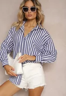 Koszule damskie - Granatowa Bawełniana Koszula w Pionowe Paski Zapinana na Guziki Drolia - miniaturka - grafika 1