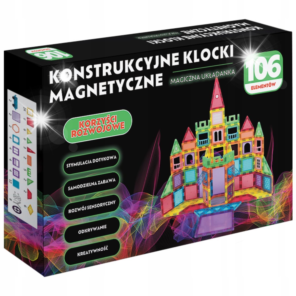 KLOCKI KONSTRUKCYJNE MAGNETYCZNE EDUKACYJNE 3D DLA DZIECI DUŻY ZESTAW 106EL