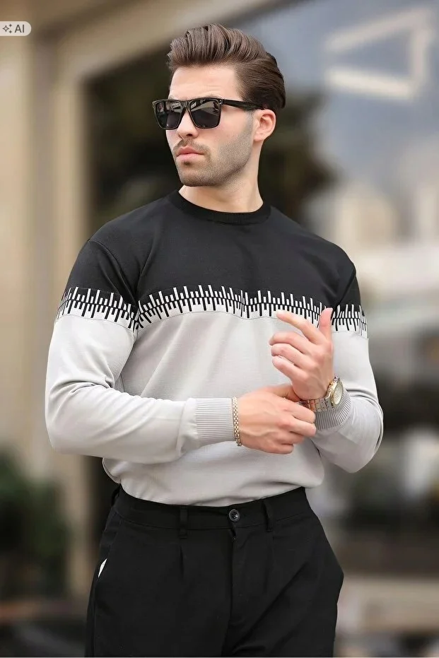 NOWOCZESNY MĘSKI SWETER MELANŻOWY Z GEOMETRYCZNYM WZOREM XL 5IA