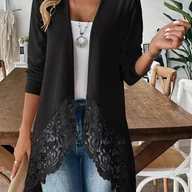 Swetry damskie - TEMU Elegancki Damski Kardigan z Asymetrycznym Dołem i Koronkowym Wykończeniem w Kolorze Czarno-Białym – Długi Rękaw, Zapinany na Guziki, Kurtka - miniaturka - grafika 1