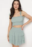 Komplety damskie - Miętowy Bawełniany Komplet Top z Kokardami i Spódnica z Falbanami Saralva - miniaturka - grafika 1