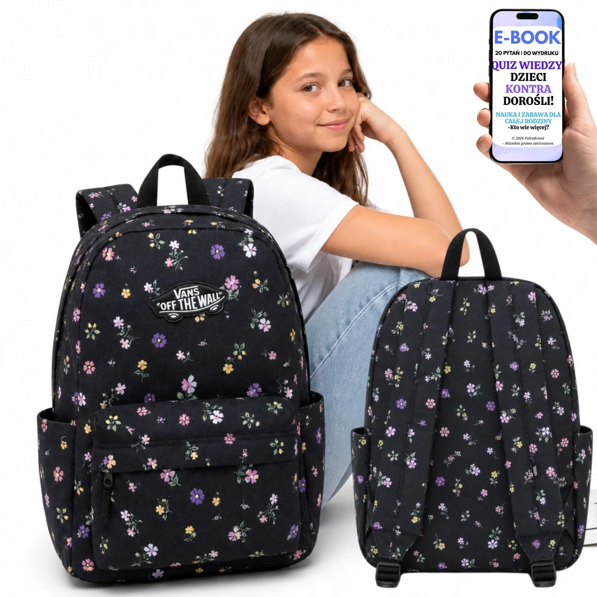 PLECAK MŁODZIEŻOWY VANS w KWIATY dla DZIEWCZYNY Szkolny A4 18L Czarny + E-BOOK-2