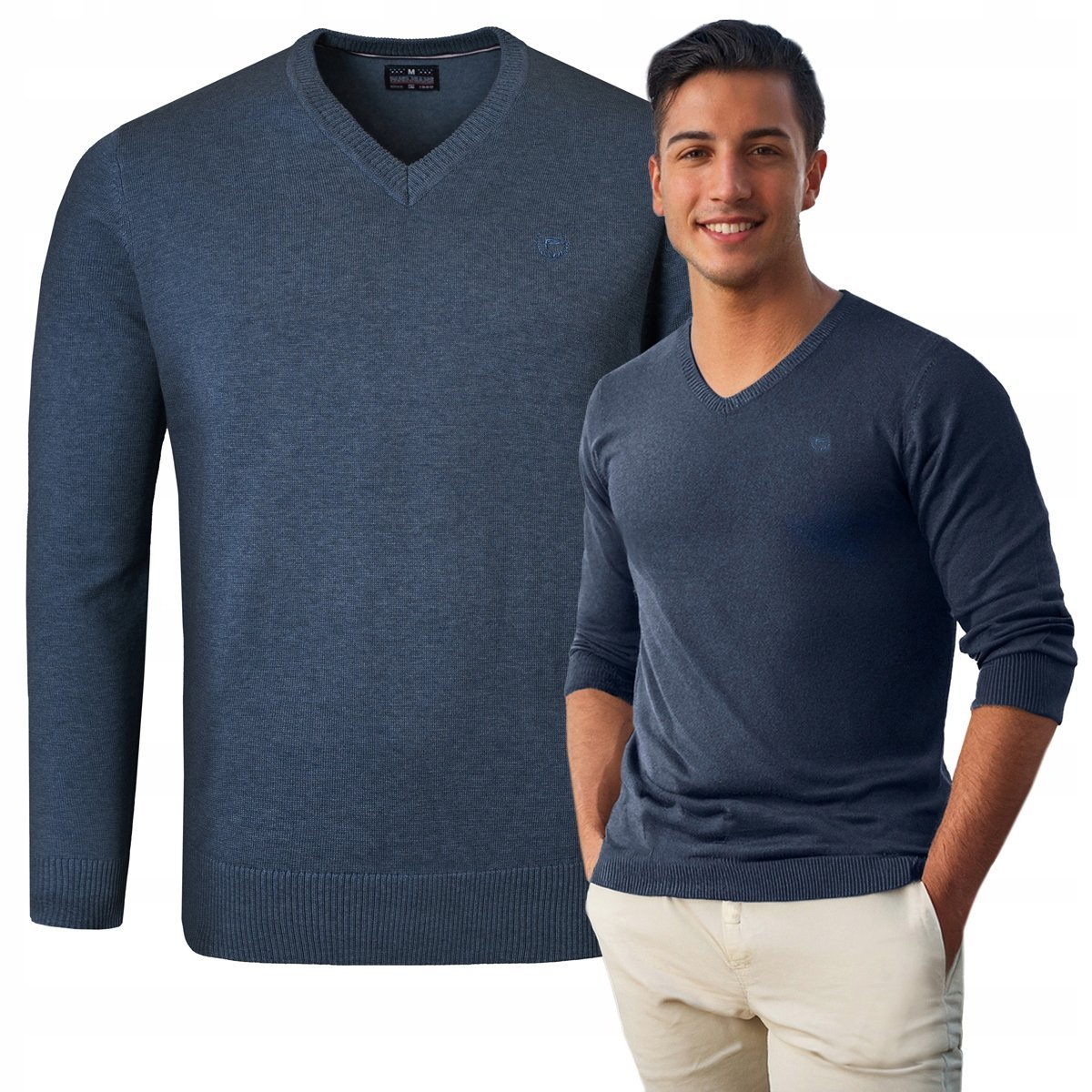 Elegancki SWETER Męski w Serek Bawełniany Gładki GRANATOWY L Pako Jeans