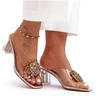 Klapki i japonki damskie - Transparentne Klapki Na Słupku Z Ozdobą Złote S.Barski MR1037-20 złoty - miniaturka - grafika 1