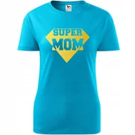 Koszulki i topy damskie - Damska Koszulka na Dzień Mamy Super Mom na Prezent dla Mamy Urodziny turkusowy M - miniaturka - grafika 1