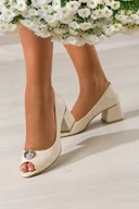Czółenka - Beżowe czółenka skórzane damskie peep toe z perłową powłoką na ozdobnym klocku ozdoba z kryształkiem PRODUKT POLSKI Casu 3771 - miniaturka - grafika 1