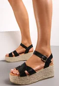 Sandały damskie - Czarne Sandały na Platformie ze Sznurka z Przeplatanymi Paskami Aquilius - miniaturka - grafika 1