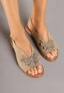 Sandały damskie - Ciemnobeżowe Sandały z Ekozamszu Zdobione Cyrkoniami i Aplikacją z Motylem Falevelith - miniaturka - grafika 1