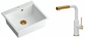 Zlewozmywaki z baterią - Quadron Zlewozmywak granitowy jednokomorowy 57*50*22 cm MORGAN 110 SNOW WHITE z miedzianym odpływem z baterią ANGELINA Q LINE SNOW WHITE z wyciąganą wylewką kolor biały mat/wykończenie miedź - miniaturka - grafika 1