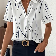 Koszule damskie - TEMU Letnia Koszula w Paski z Krótkim Rękawem i Groszkami dla Kobiet - Elegancki Kołnierzyk, Biała Podstawa z Niebiesko-Czarnym Wzorem, Idealna na - miniaturka - grafika 1