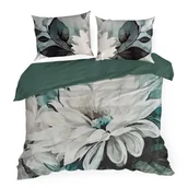 Pościel - Pościel satynowa LINDA 200x220 Eurofirany ciemnozielona jasnoszara artystyczne kwiaty liście - miniaturka - grafika 1