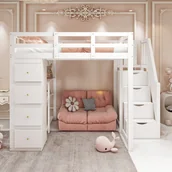 Łóżka dla dzieci i młodzieży - Łóżko piętrowe 140*200 cm, komoda z półkami, drabinka zabezpieczająca z szufladami, kolor biały - miniaturka - grafika 1