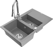 Zlewozmywaki z baterią - Mexen Gaspar zlewozmywak granitowy 1,5-komorowy z ociekaczem i baterią kuchenną Elia, szary - 6507-71-670101-00 - miniaturka - grafika 1