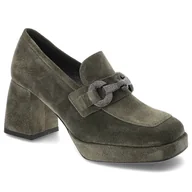 Półbuty damskie - Zielone Półbuty Karino Eleganckie Skórzane Buty Na Obcasie - miniaturka - grafika 1