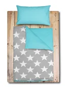 Pościel dla dzieci - Pościel dziecięca 100x135 Duale Baby szara w gwiazdy + turkus z plecaczkiem - miniaturka - grafika 1