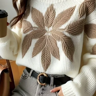 TEMU Sweter damski z haftem kwiatowym - Beżowy/Brązowy/Biały/Czarny, Okrągły dekolt, Długi rękaw, Bluzka na każdą porę roku, Elegancka bluza na co - Bluzy damskie - miniaturka - grafika 1