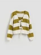 Swetry damskie - Reserved - Kardigan z wiązaniem - oliwkowy - miniaturka - grafika 1