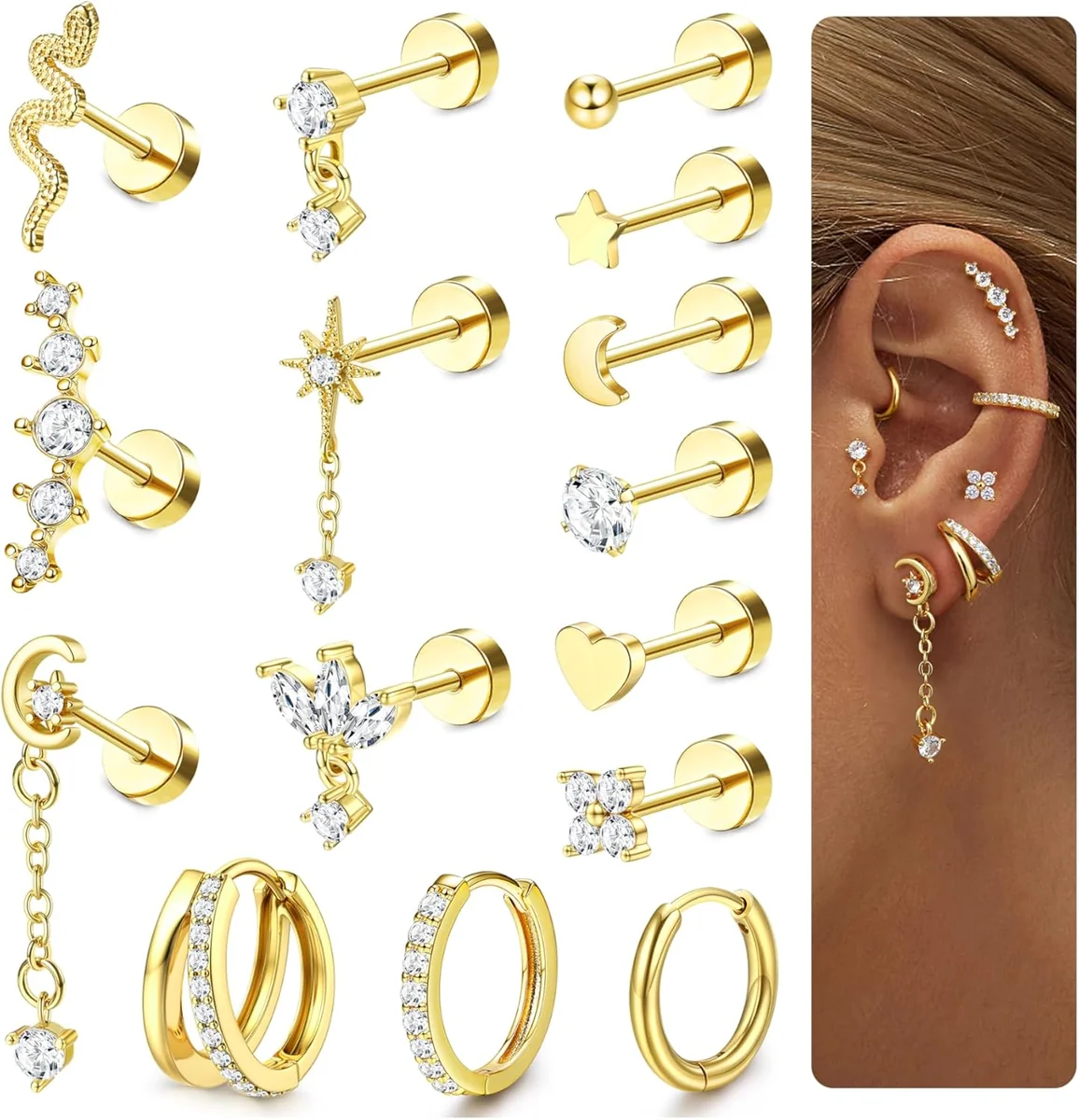 Kolczyki piercing 15 szt. złote i srebrne, stal chirurgiczna, rook helix