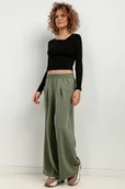 Spodnie sportowe damskie - Szerokie spodnie z kantem, T413, zielony - miniaturka - grafika 1
