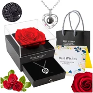 Sztuczne kwiaty - Wieczna Róża W Szkle Z Naszyjnikiem Walentynki Kwiaty Prezent Na Dzień Babci Mamy Kobiet - miniaturka - grafika 1