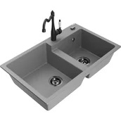 Zlewozmywaki z baterią - Mexen Tomas zlewozmywak granitowy 2-komorowy z baterią kuchenną Carla, szary - miniaturka - grafika 1