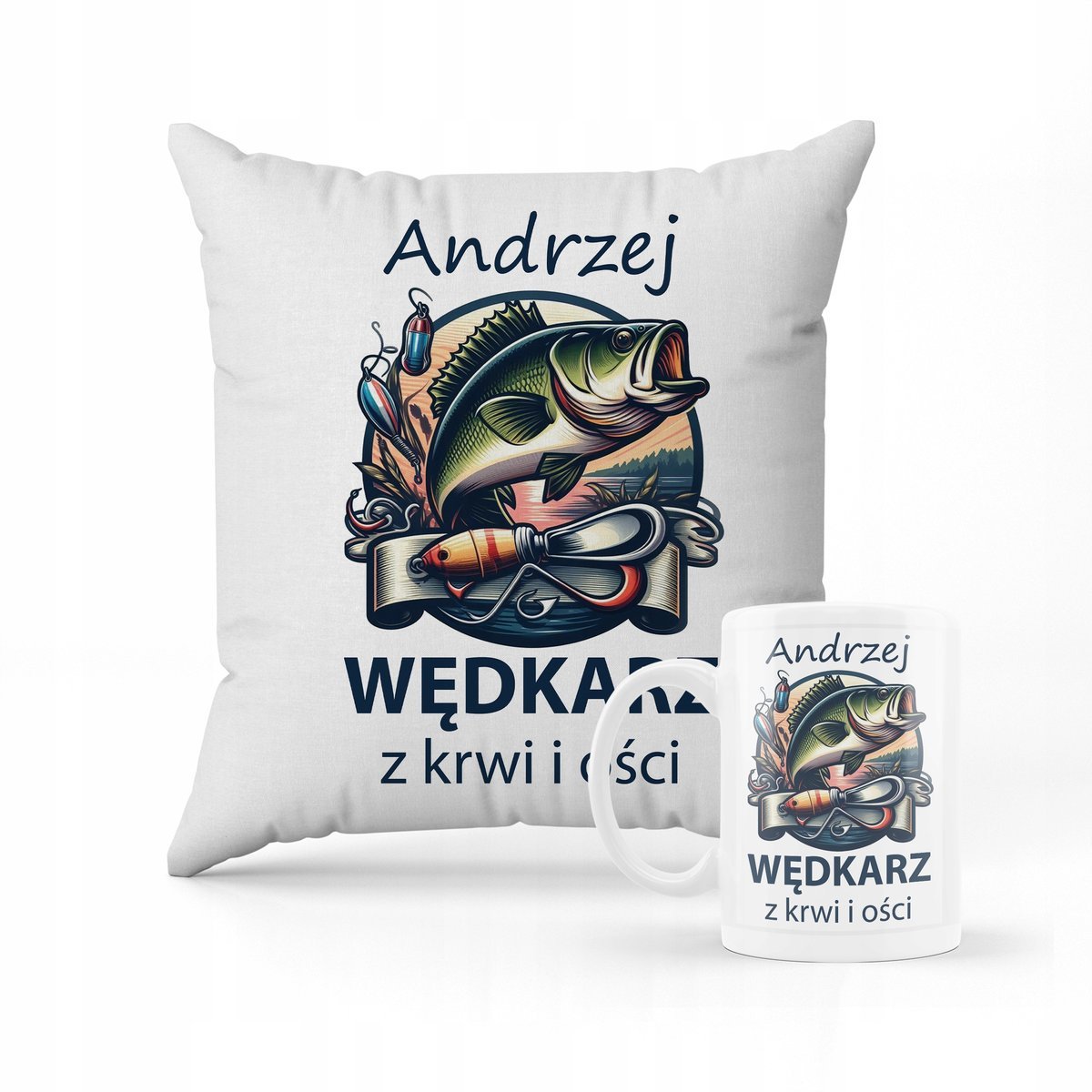 ZESTAW PODUSZKA + KUBEK Prezent dla wędkarza + IMIĘ 5