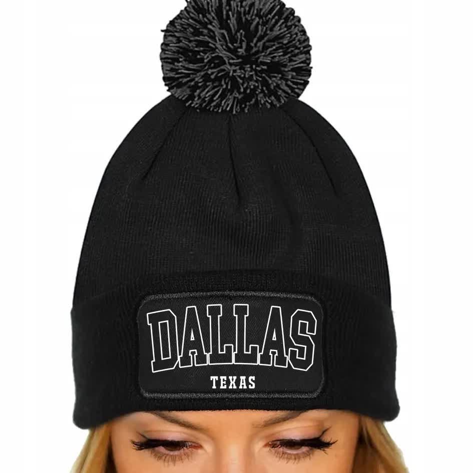 CZAPKA POMPON Bawełniana ZIMOWA CZARNA DALLAS TEXAS Dla Fana USA Wzory