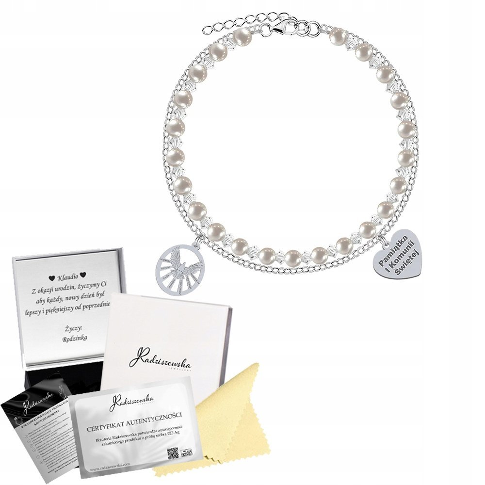 Bransoletka Srebrna na Bierzmowanie Duch Święty 925 Prezent Perły GRAWER