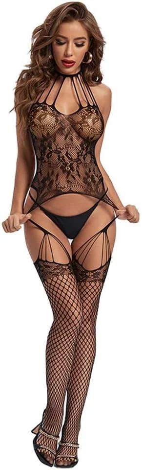 BODYSTOCKING JEDNOCZĘŚCIOWY KORONKOWY KABARETKI OTWARTY KROK PAS ZMYSŁOWA