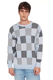 Trendyol Męska bluza oversize z okrągłym dekoltem w kratę, niebieska, 2XL, NIEBIESKI, XXL - Bluzy męskie - miniaturka - grafika 1
