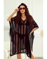 Swetry damskie - NARZUTKA TUNIKA PLAŻOWA AŻUROWA BAMBI POLSKI PRODUCENT J&K PREMIUM - CZARNA - miniaturka - grafika 1