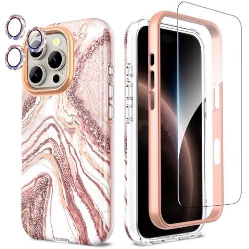 SHEDEER Etui 4 w 1 do iPhone'a 16 Pro z osłoną ekranu i ochroną aparatu, klasy wojskowej 360°, odporne na wstrząsy, z tworzywa TPU, odporne na blaknięcie, błyszczące etui na telefon różowe złoto