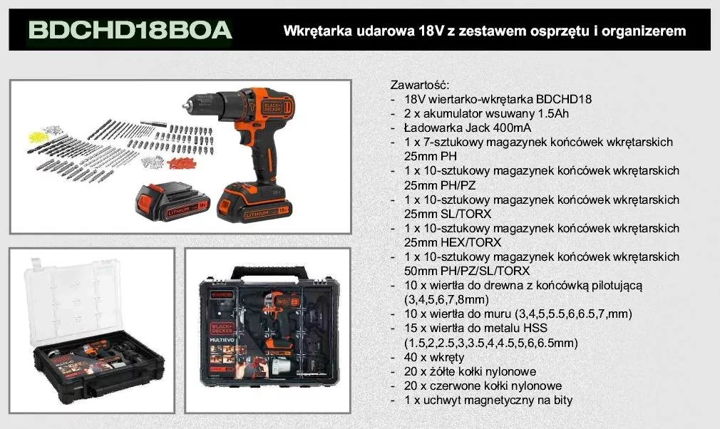 Black&Decker Wkrętarka udarowa + akcesoria 18 V (BDCHD18BOA-QW)