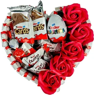 Zestaw Prezentowy W Kształcie Serca Z Czekoladkami Kinder I Różami - Zestawy upominkowe - miniaturka - grafika 1