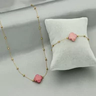 Bransoletki - Komplet biżuteri naszyjnik i bransoletka z różowym kwarcem koniczynka - miniaturka - grafika 1