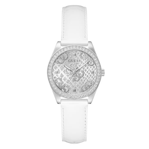 Guess BOA GW0989L1 damski zegarek na rękę, stal nierdzewna, 32 mm, skórzany pasek, biały, 3 bar, cyferblat: srebrny, GW0989L1