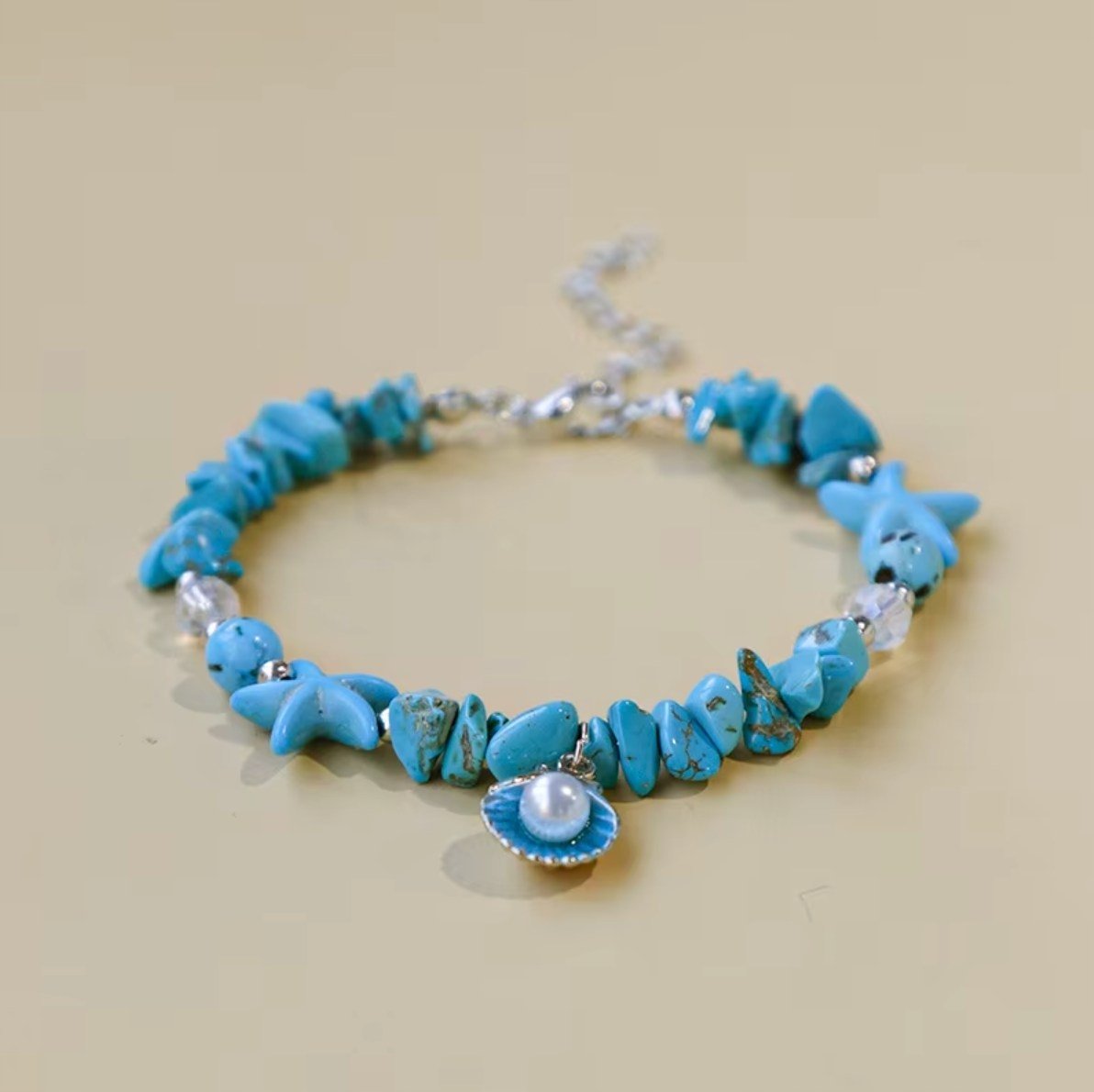 Niebieska Bransoletka z Muszelkami Kamieniami Ręcznie Robiona Summer Shells
